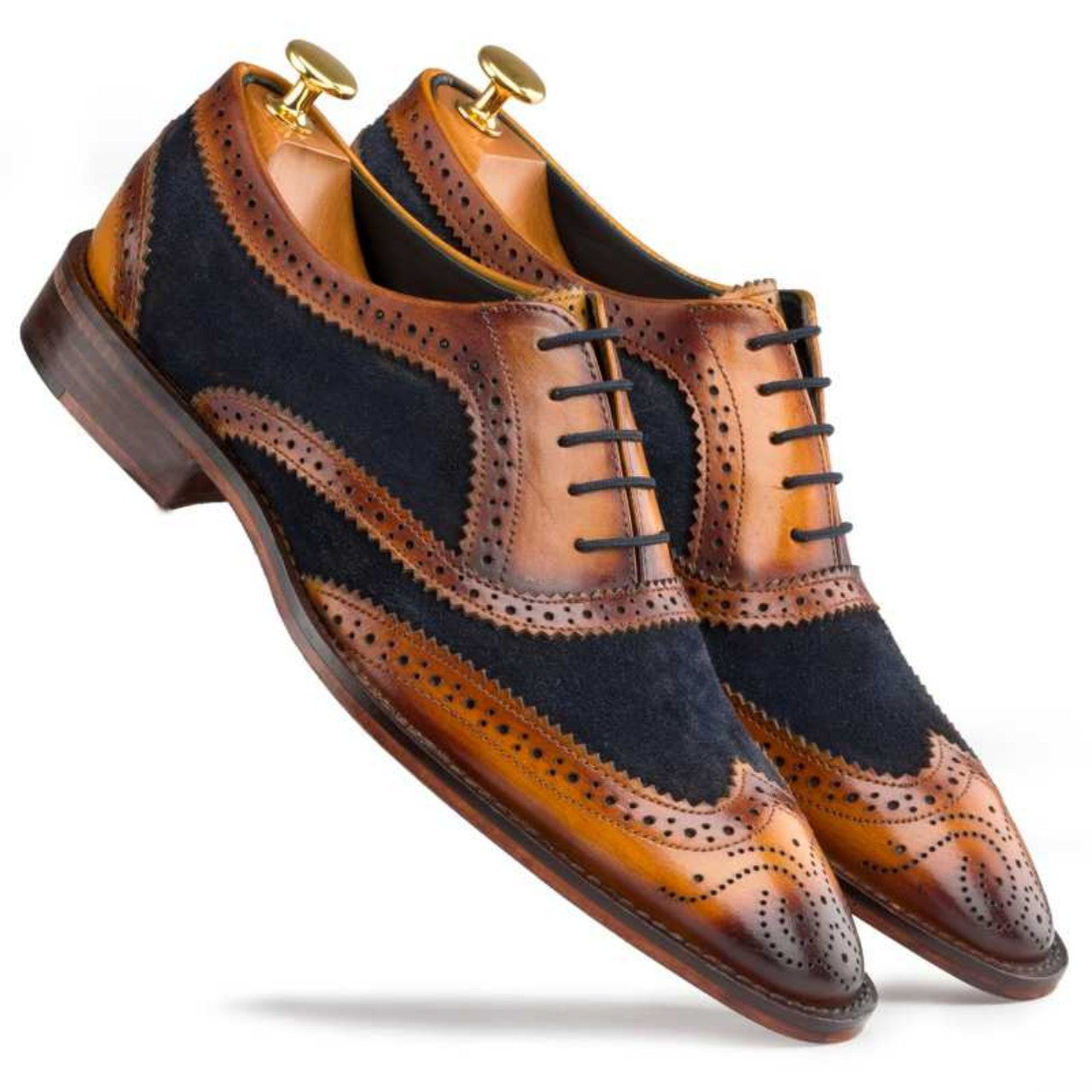 Handmade Tan-Blue Wingtip London Brogues - 9.5