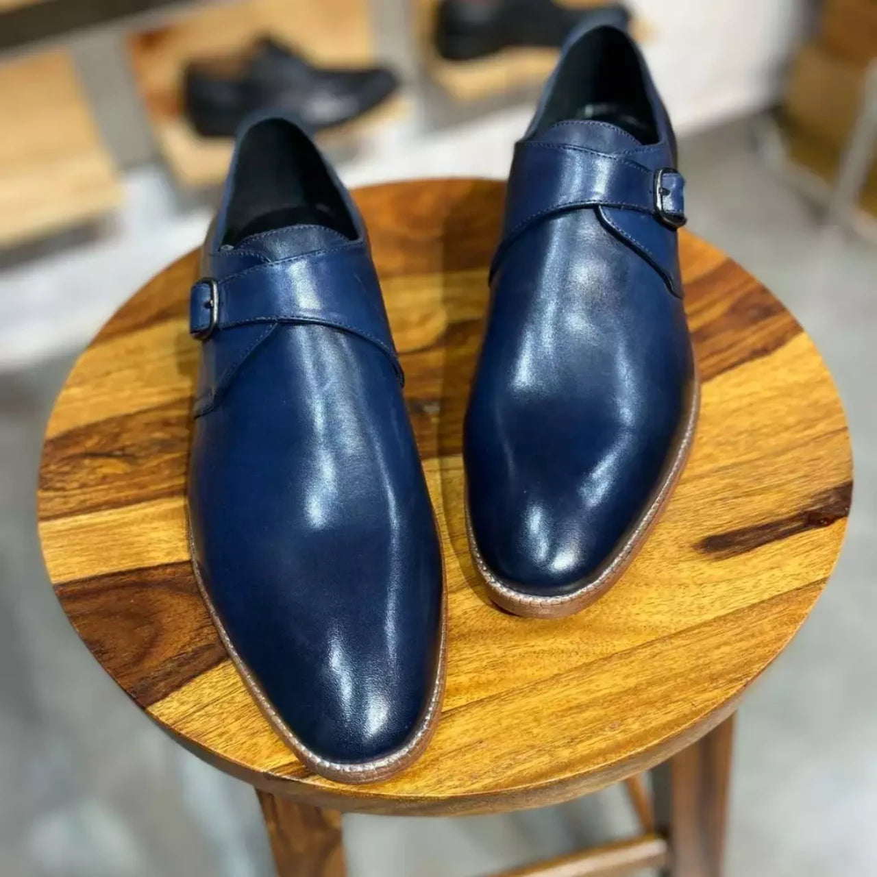 Goodyear Welted  Single Monk Strap Navy Leather Shoes