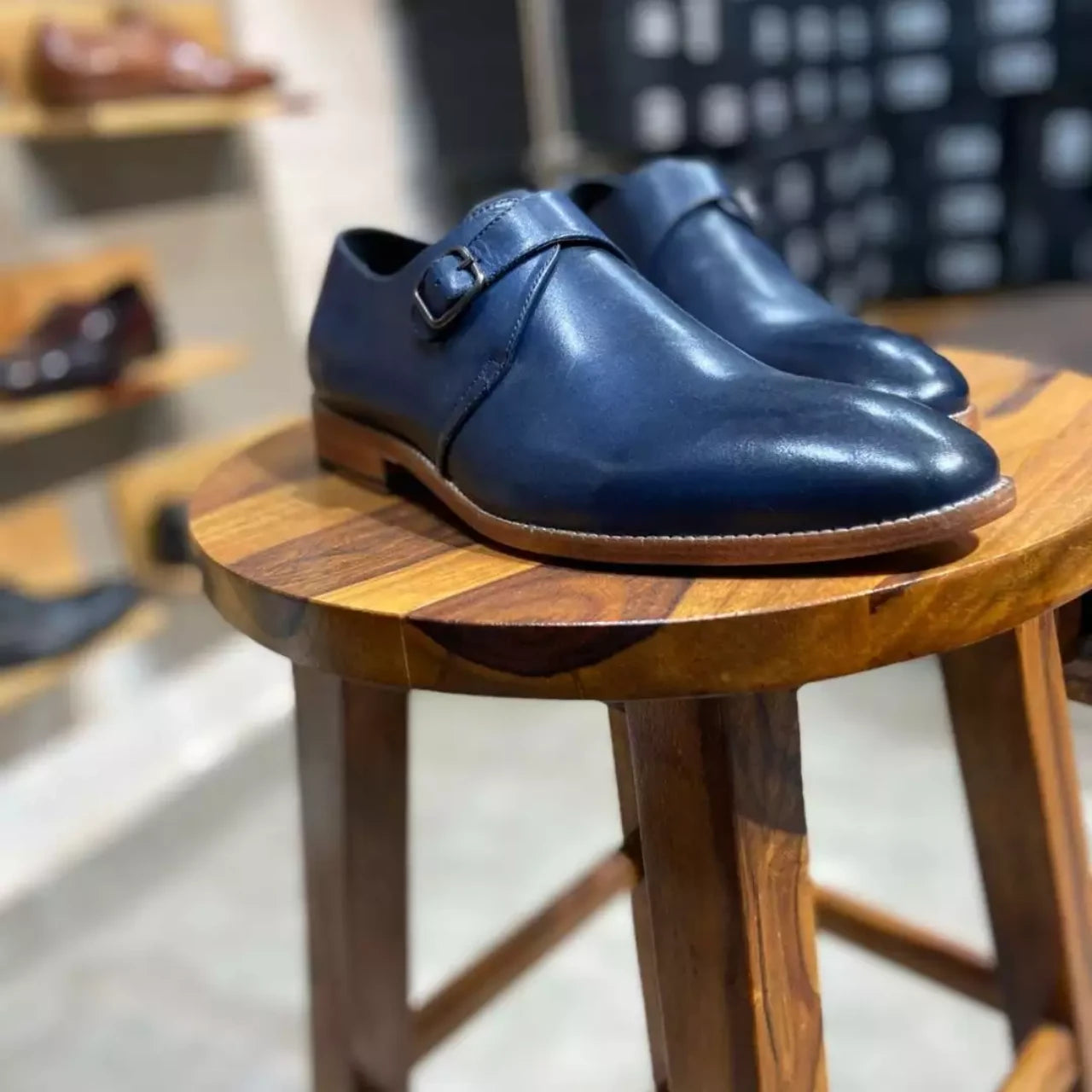 Goodyear Welted  Single Monk Strap Navy Leather Shoes