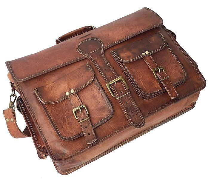 11*15 Inch Double Pocket Handcrafted Vintage Messenger Goat Leather Bag For Men  100% Genuine Leather