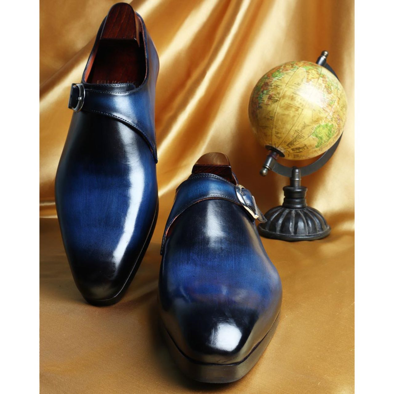 Handmade Blue Patina Mirror Glossed SIngle Monk Straps
