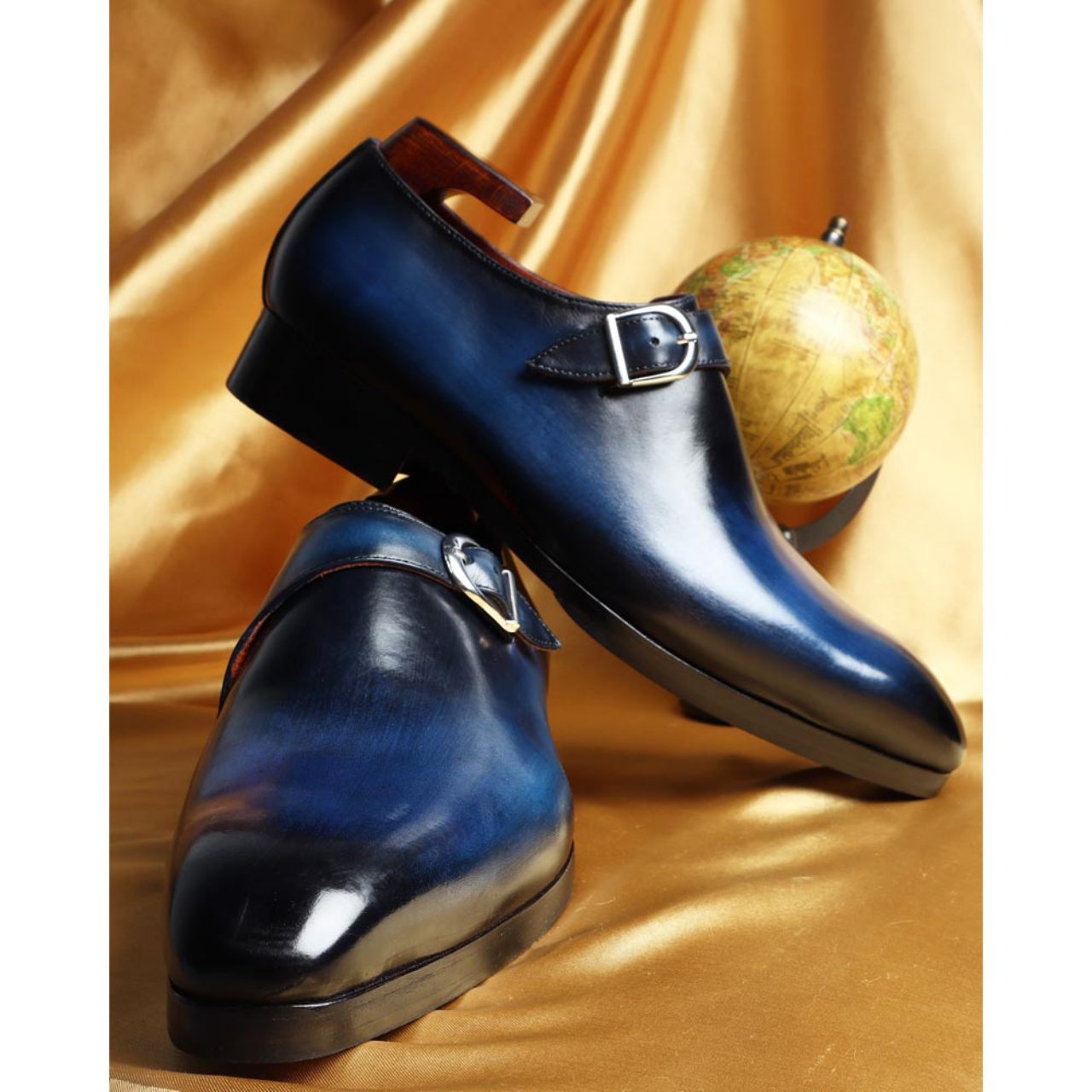Handmade Blue Patina Mirror Glossed SIngle Monk Straps