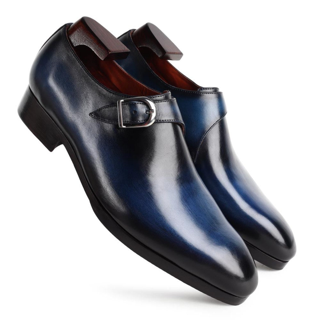 Handmade Blue Patina Mirror Glossed SIngle Monk Straps