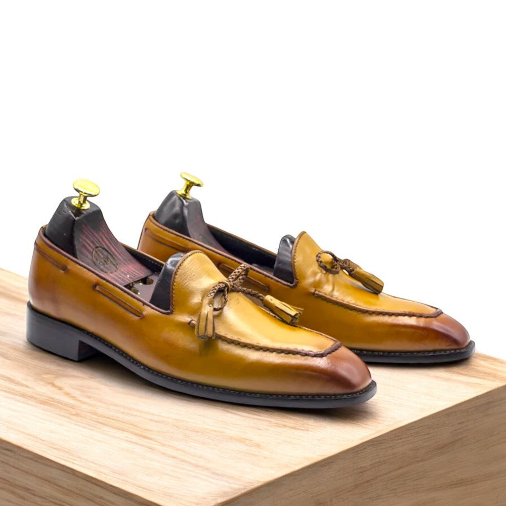 Handcrafted Men's Tan Tassel Shoes  Genuine Leather Loafers for Stylish Gentlemen