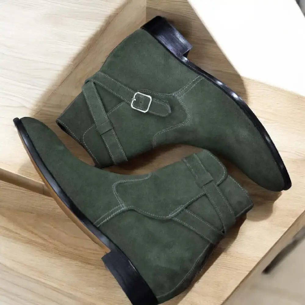 Handmade Men Green Suede Jodhpur's Leather Boots, Buckle Strap Jodhpur Boots
