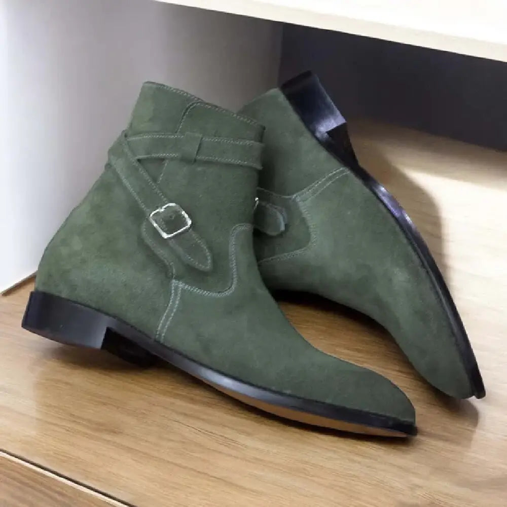 Handmade Men Green Suede Jodhpur's Leather Boots, Buckle Strap Jodhpur Boots