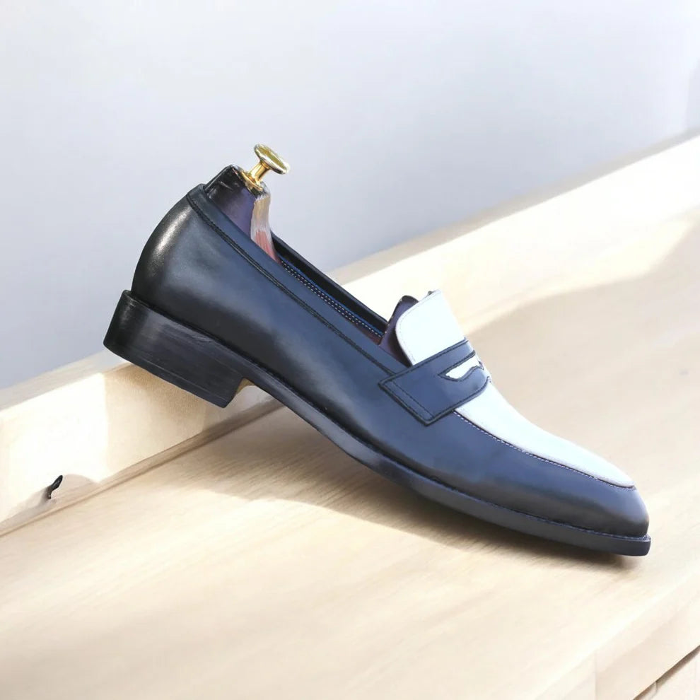 Sleek Contrast: Black & White Leather Penny Loafers at Posh Footwears