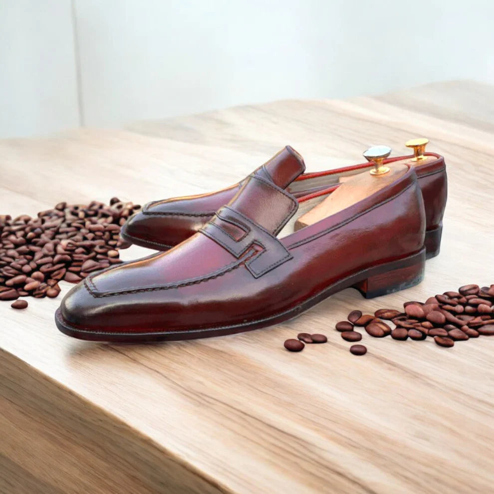 Handmade Burgundy Leather Slip-On Loafers for Men | Stylish Casual Dress Shoes