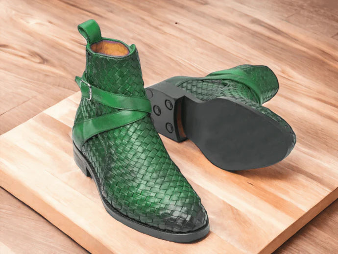 Handmade Black Woven Leather Jodhpur's Boots