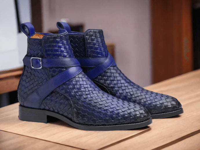 Handmade Black Woven Leather Jodhpur's Boots