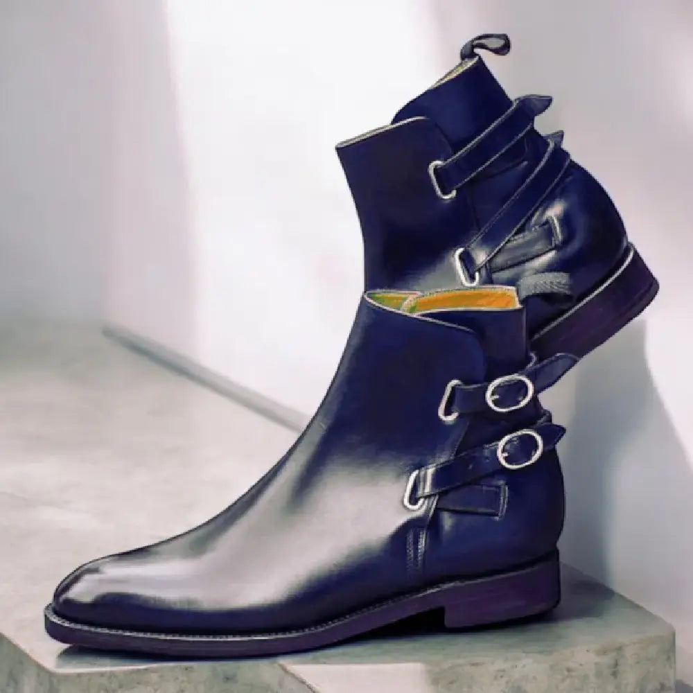 Handmade Men's Blue Leather Double Buckle Casual Fashion Boot