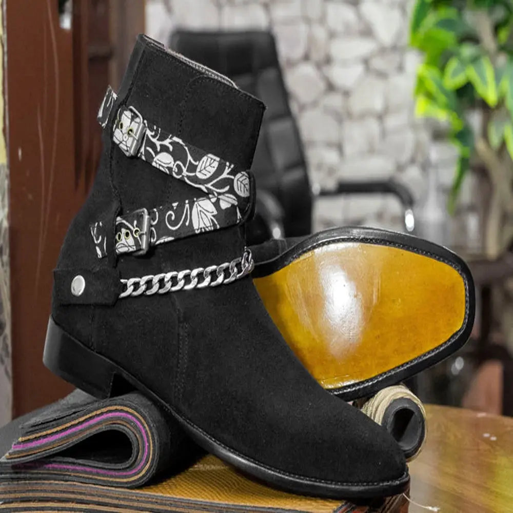 Handmade Genuine Suede Leather Chain Strap Ankle High Boots For Men