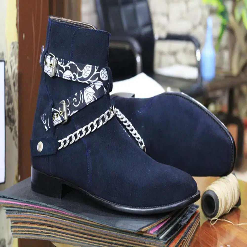 Handmade Genuine Suede Leather Chain Strap Ankle High Boots For Men