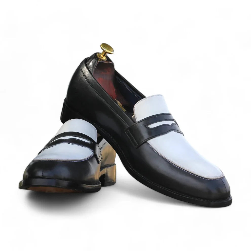 Sleek Contrast: Black & White Leather Penny Loafers at Posh Footwears