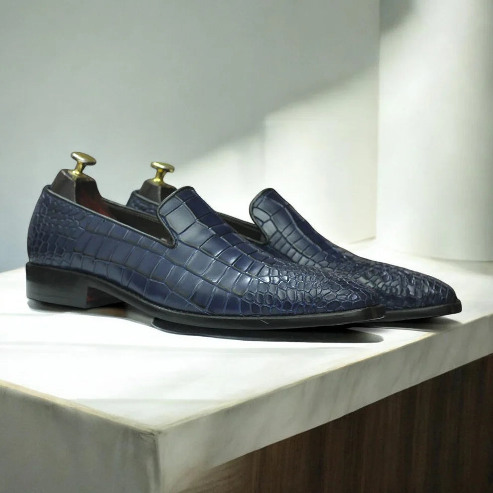 Men's Handmade Navy Alligator Leather Penny Loafers