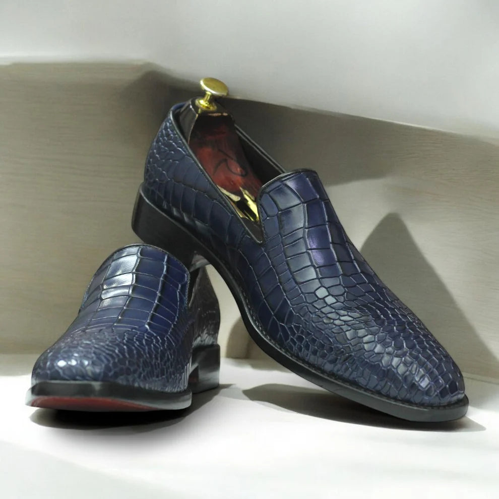 Men's Handmade Navy Alligator Leather Penny Loafers