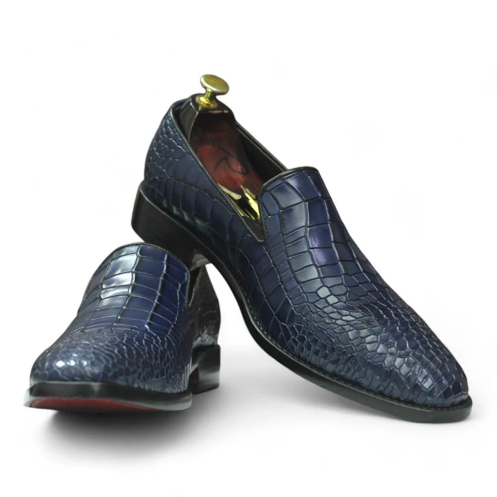 Men's Handmade Navy Alligator Leather Penny Loafers
