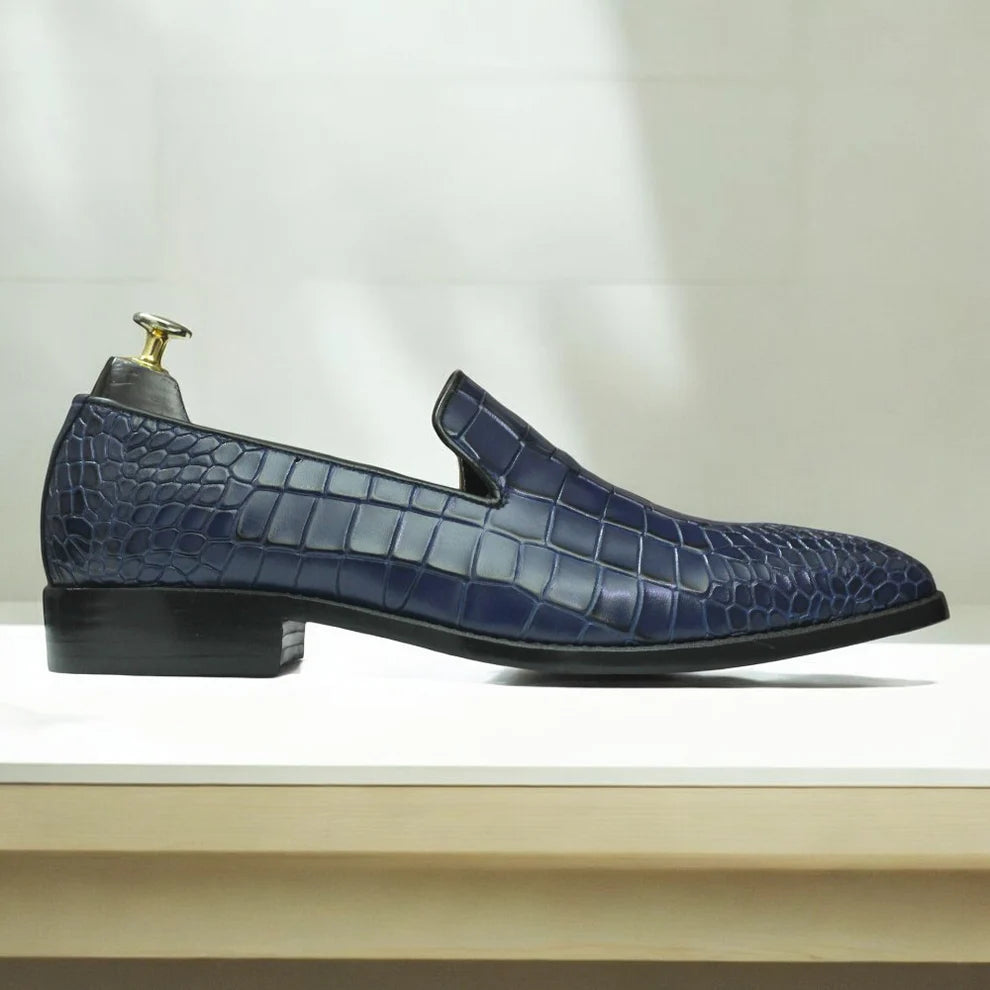 Men's Handmade Navy Alligator Leather Penny Loafers
