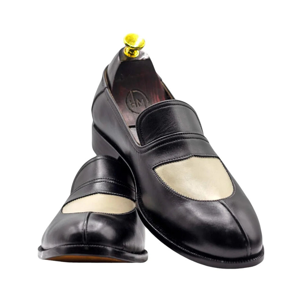 Handmade Black & White Leather Penny Loafers at Posh Footwears.