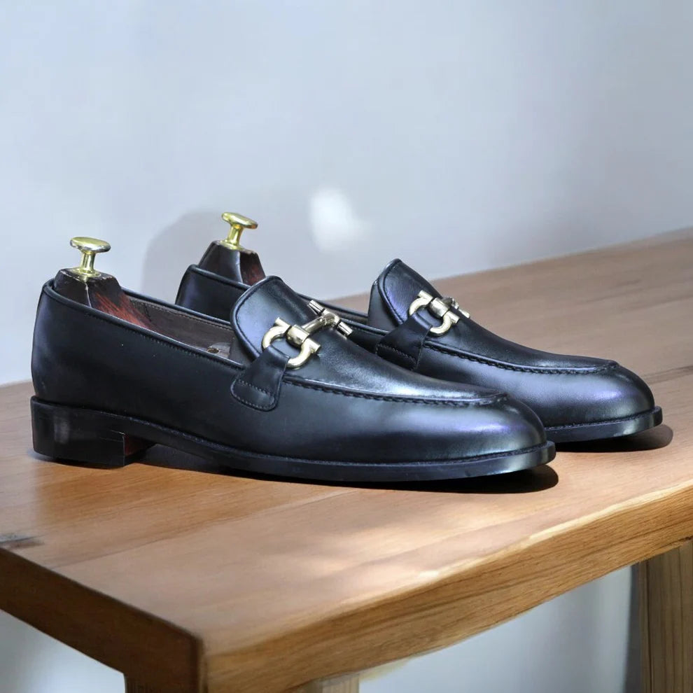 Handmade Buckle Loafer Shoes for Men | Premium Black Leather Footwear