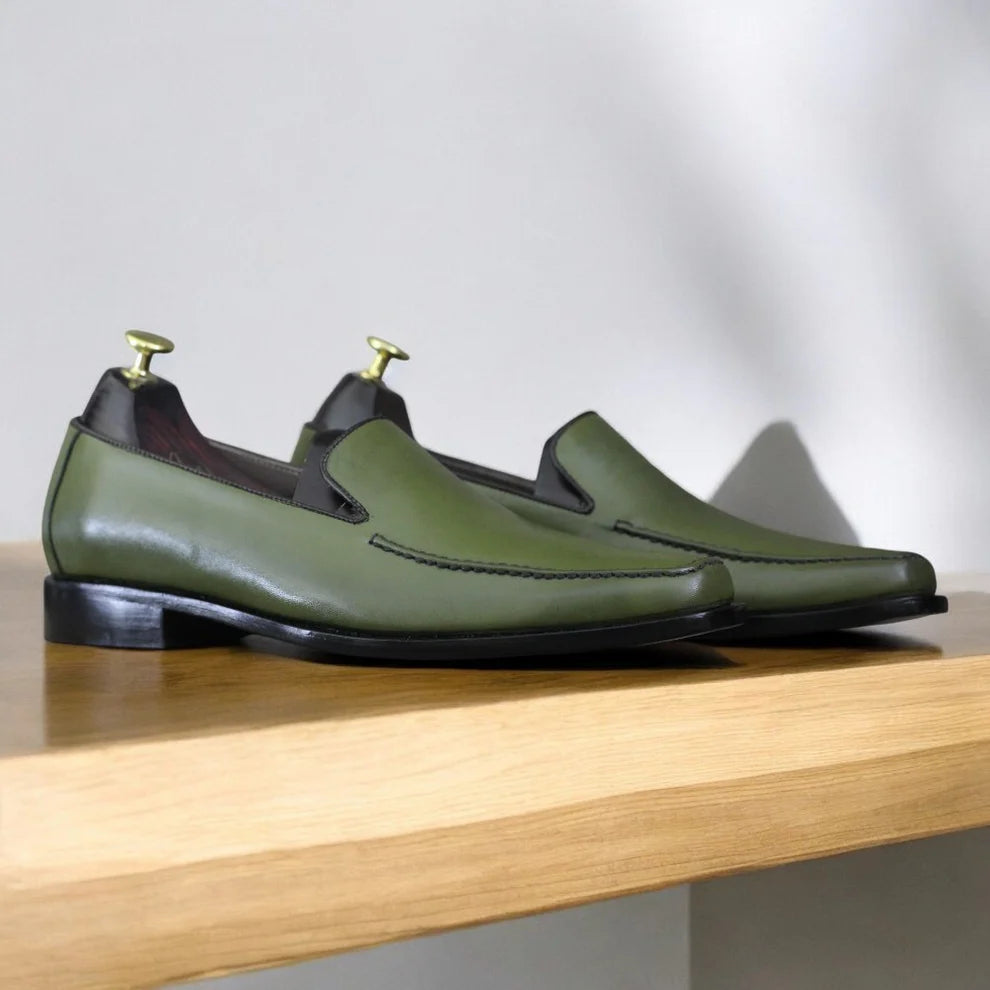Men's Handmade Green Leather Loafers | Stylish & Comfortable Footwear