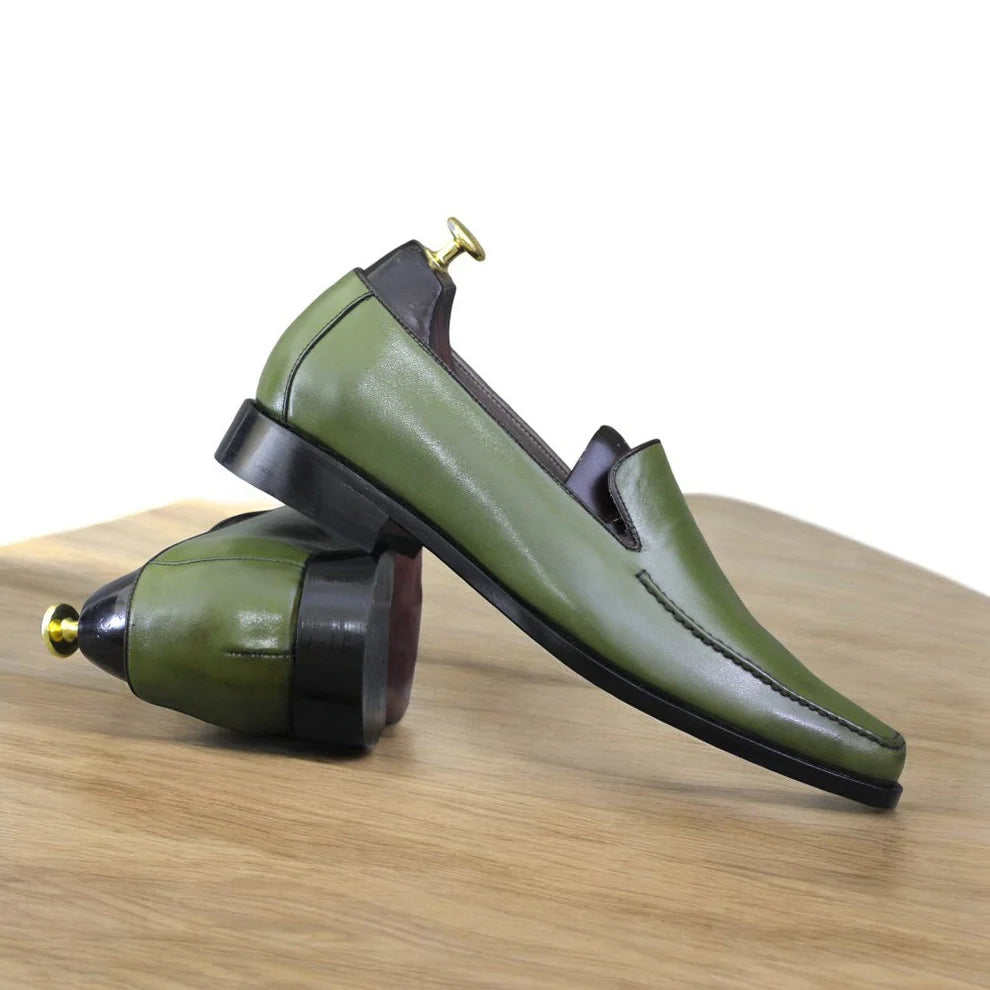 Men's Handmade Green Leather Loafers | Stylish & Comfortable Footwear