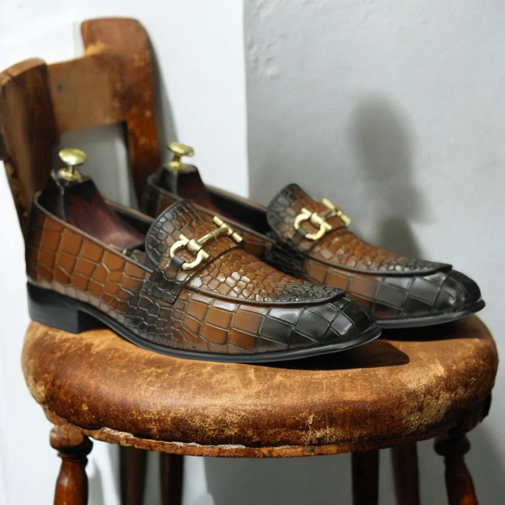 New Handmade Alligator Textured Buckle Loafers