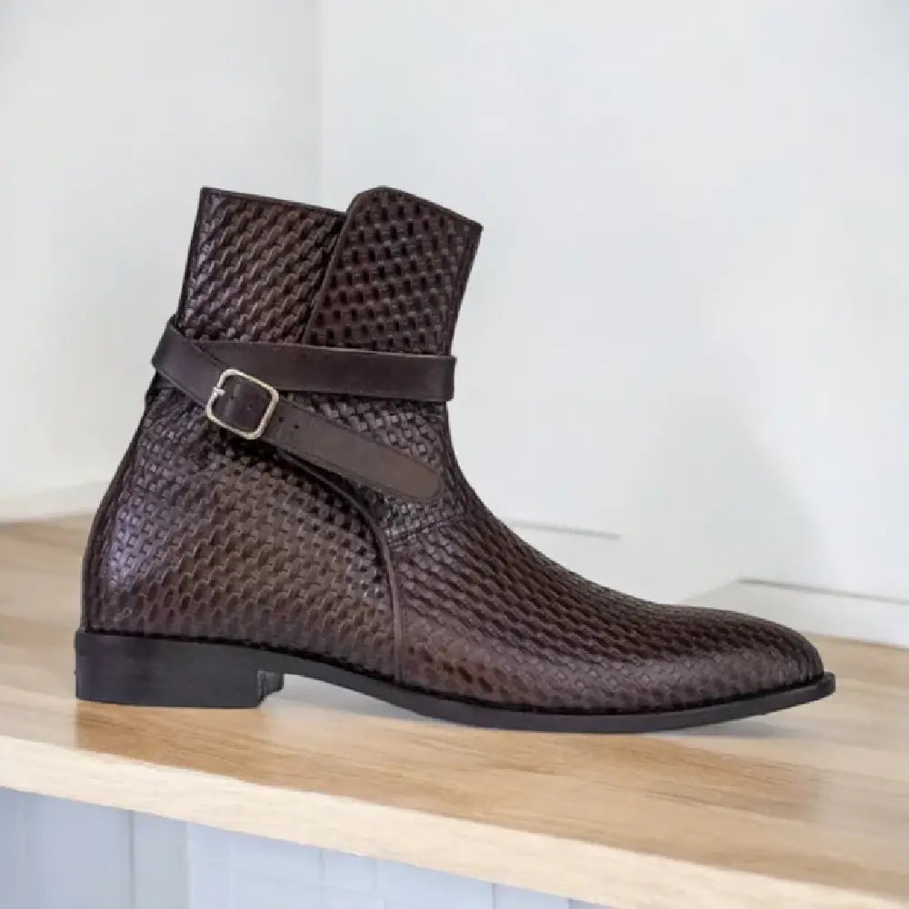 Men Handmade Brown Jodhpurs Woven Leather Boots