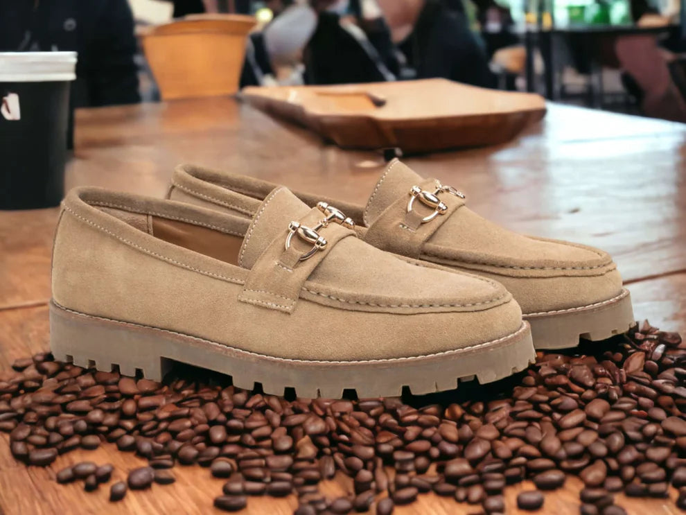 Men's Brown Suede Loafers, Chunky Sole Horse Bit Slippers