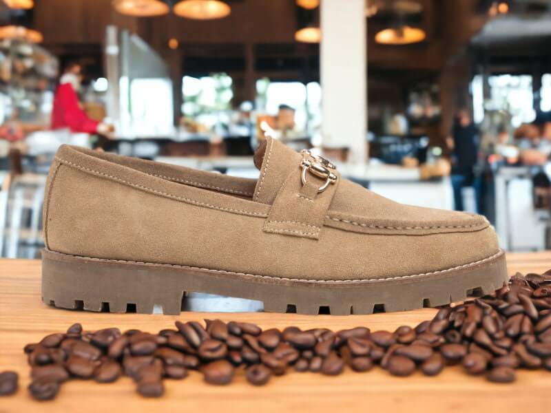 Men's Brown Suede Loafers, Chunky Sole Horse Bit Slippers