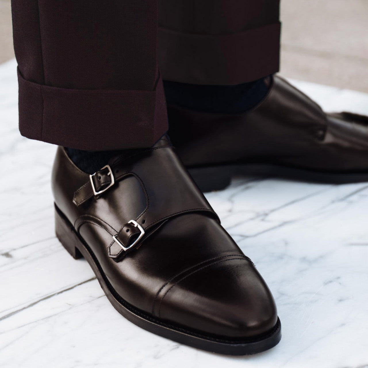 HANDMADE DOUBLE MONK STRAP BLACK SHOES - - 9.5