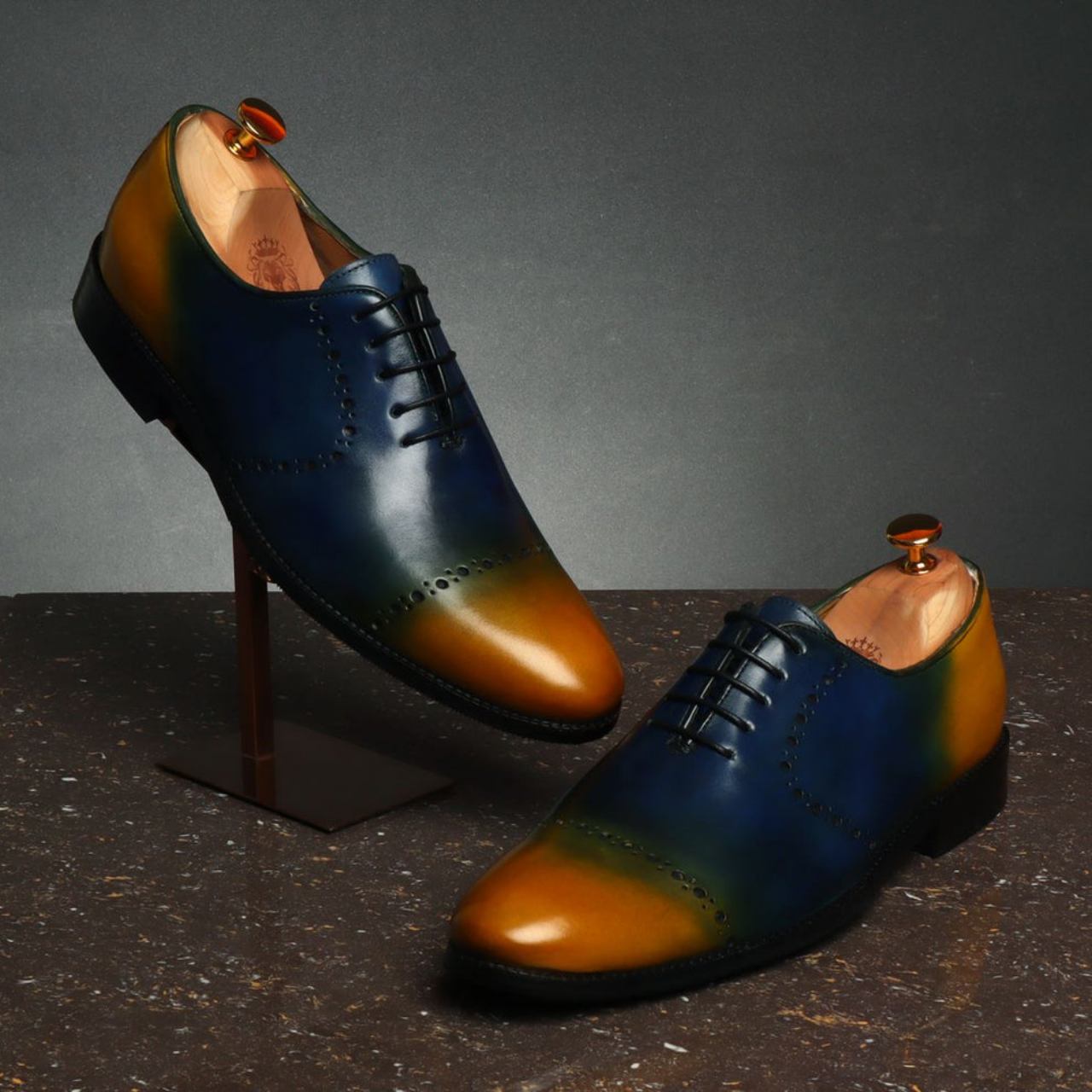 Handmade Blue And Yellow Genuine Leather Brogue/Oxford