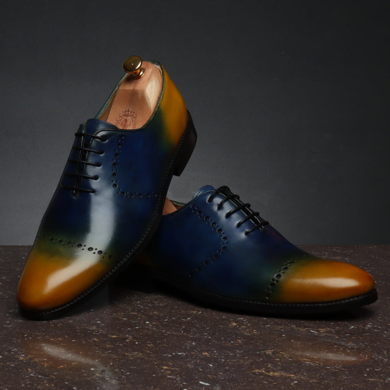 Handmade Blue And Yellow Genuine Leather Brogue/Oxford