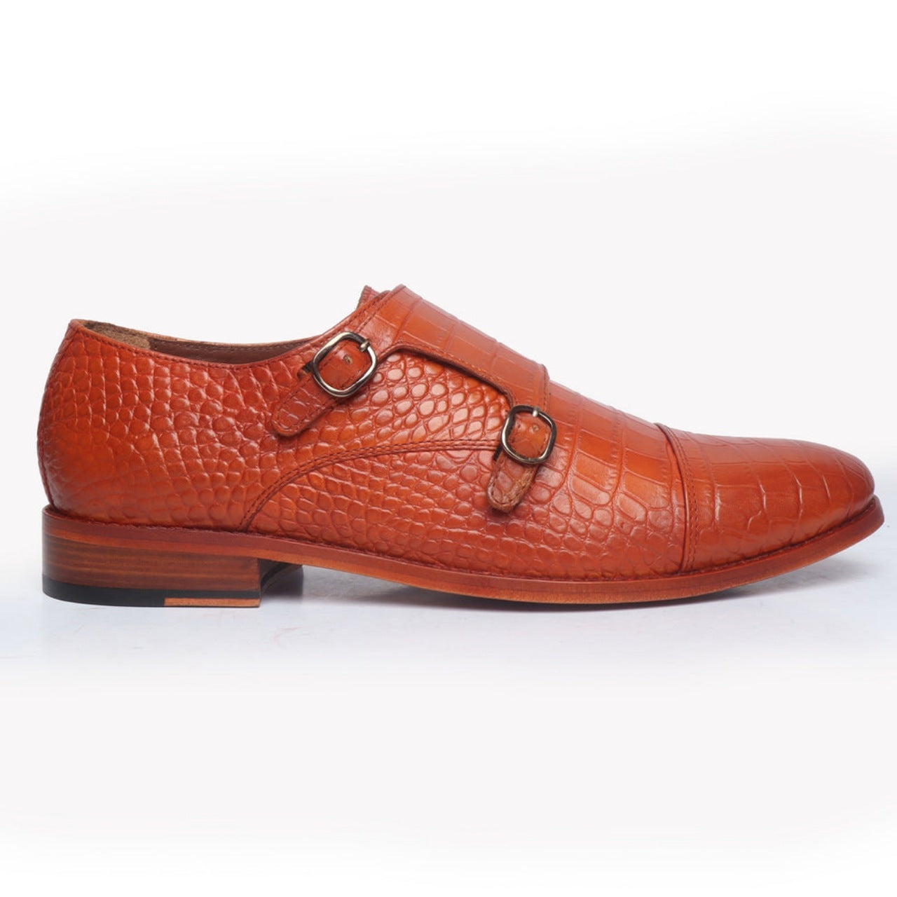 Handmade Tan Croco Leather Double Monk With Leather Sole