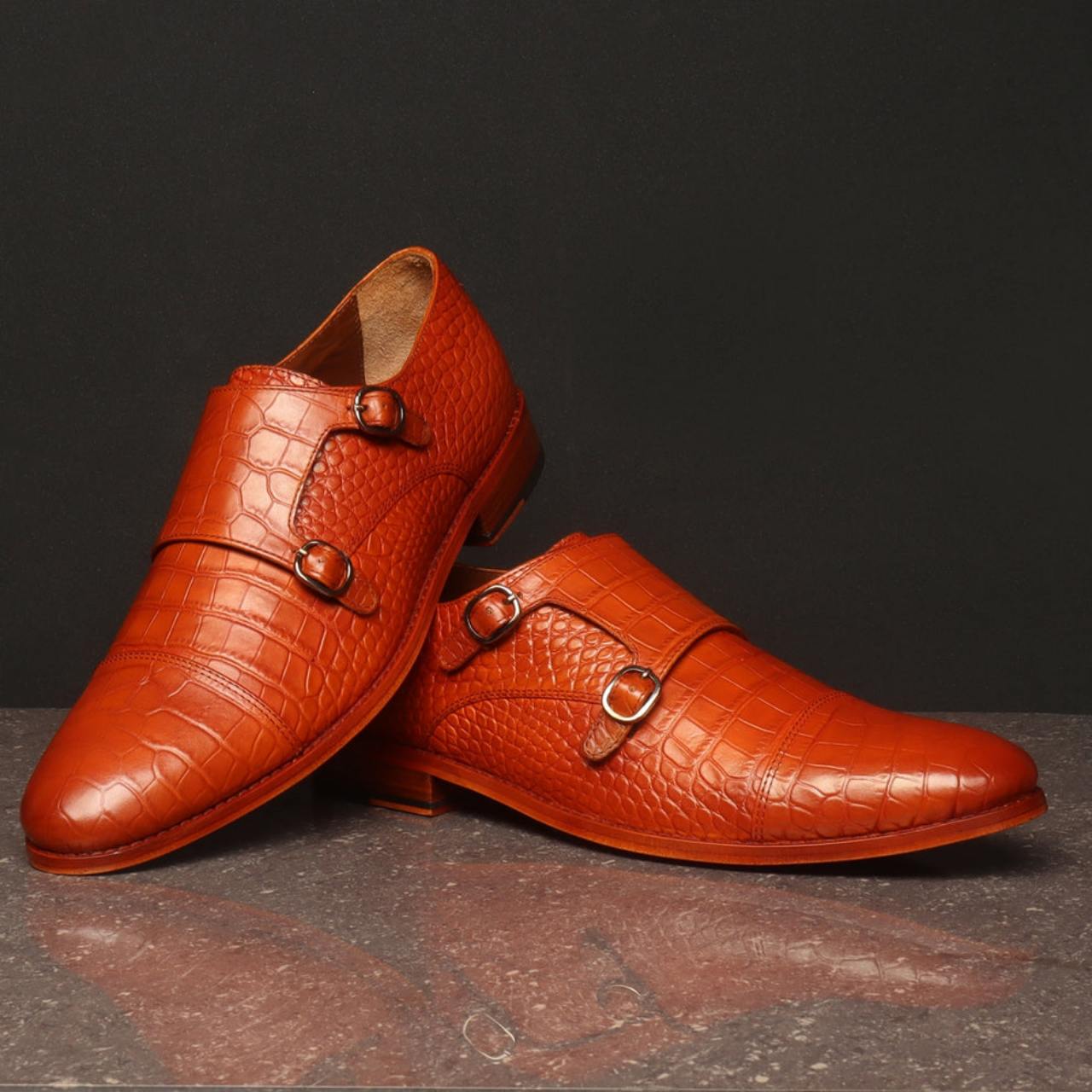 Handmade Tan Croco Leather Double Monk With Leather Sole