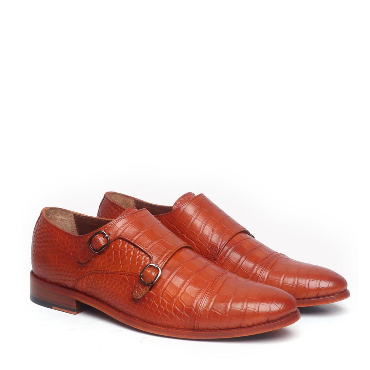 Handmade Tan Croco Leather Double Monk With Leather Sole