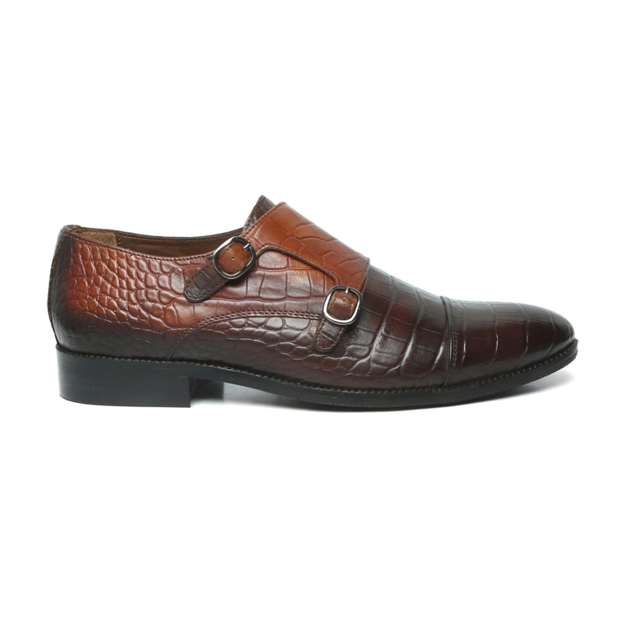 Handmade Dual Shade Tan-Brown Croco Leather Double Monk Shoes