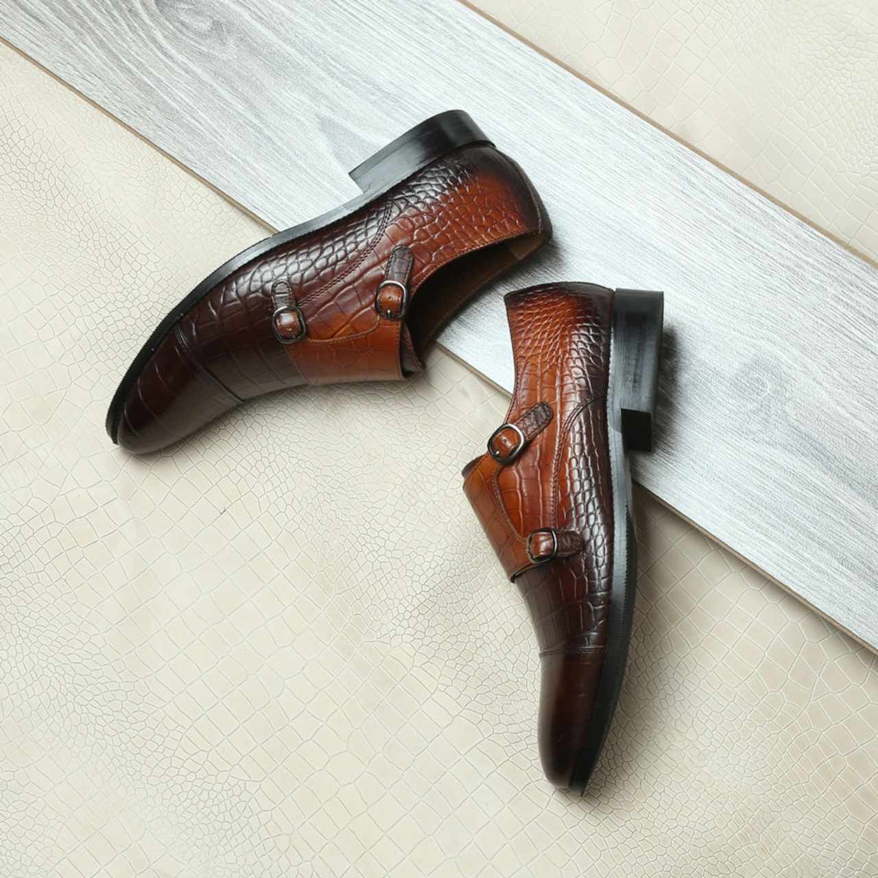Handmade Dual Shade Tan-Brown Croco Leather Double Monk Shoes