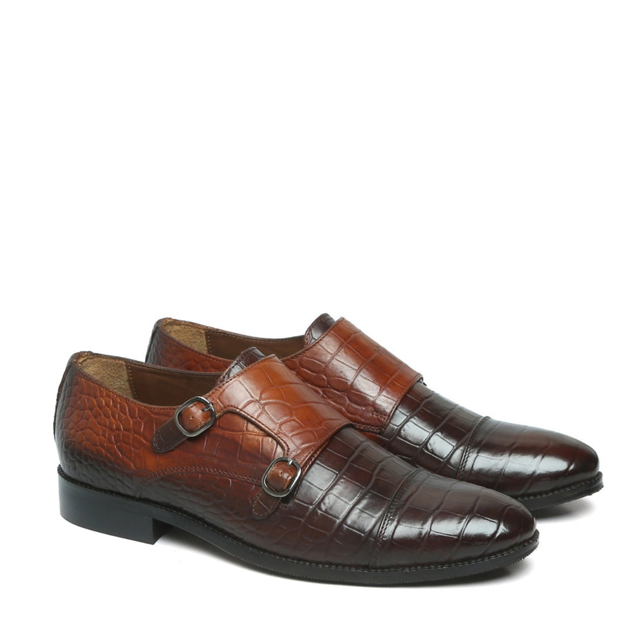 Handmade Dual Shade Tan-Brown Croco Leather Double Monk Shoes