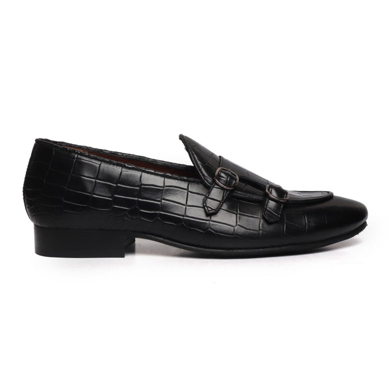 Handmade Black Leather Double Monk Strap Deep CuT