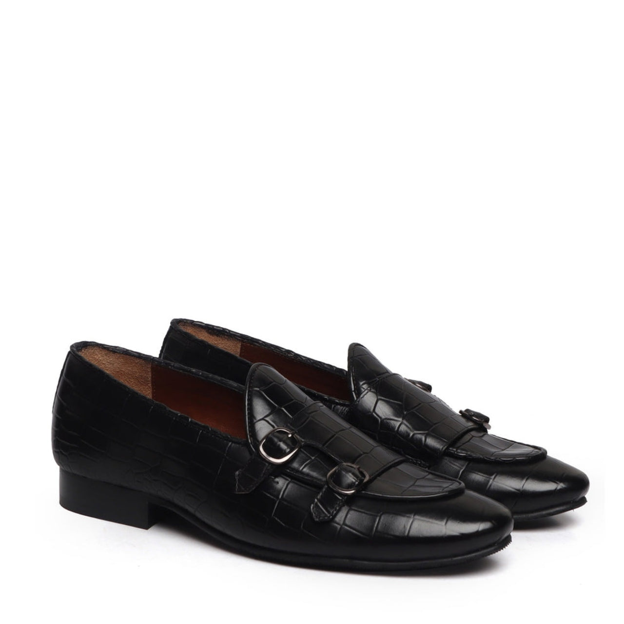 Handmade Black Leather Double Monk Strap Deep CuT