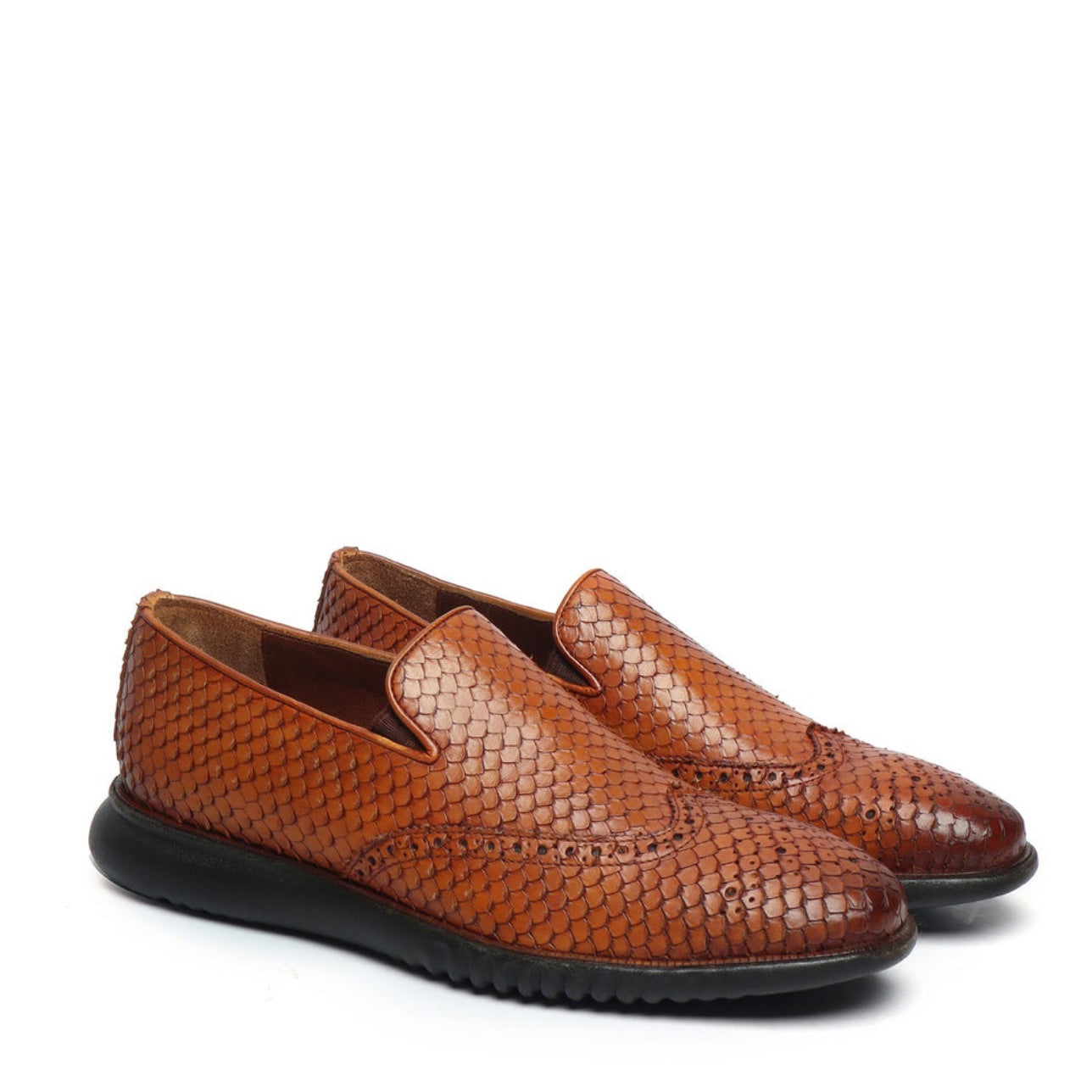 Handmade Tan Snake Skin Textured Burnished Leather Wingtip  Loafers