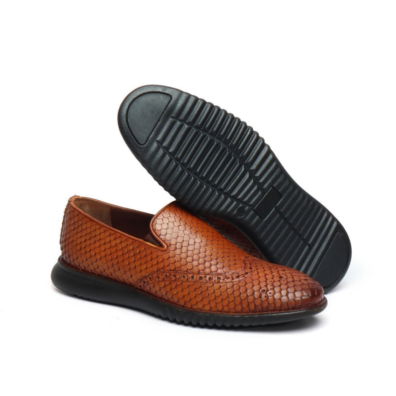 Handmade Tan Snake Skin Textured Burnished Leather Wingtip  Loafers