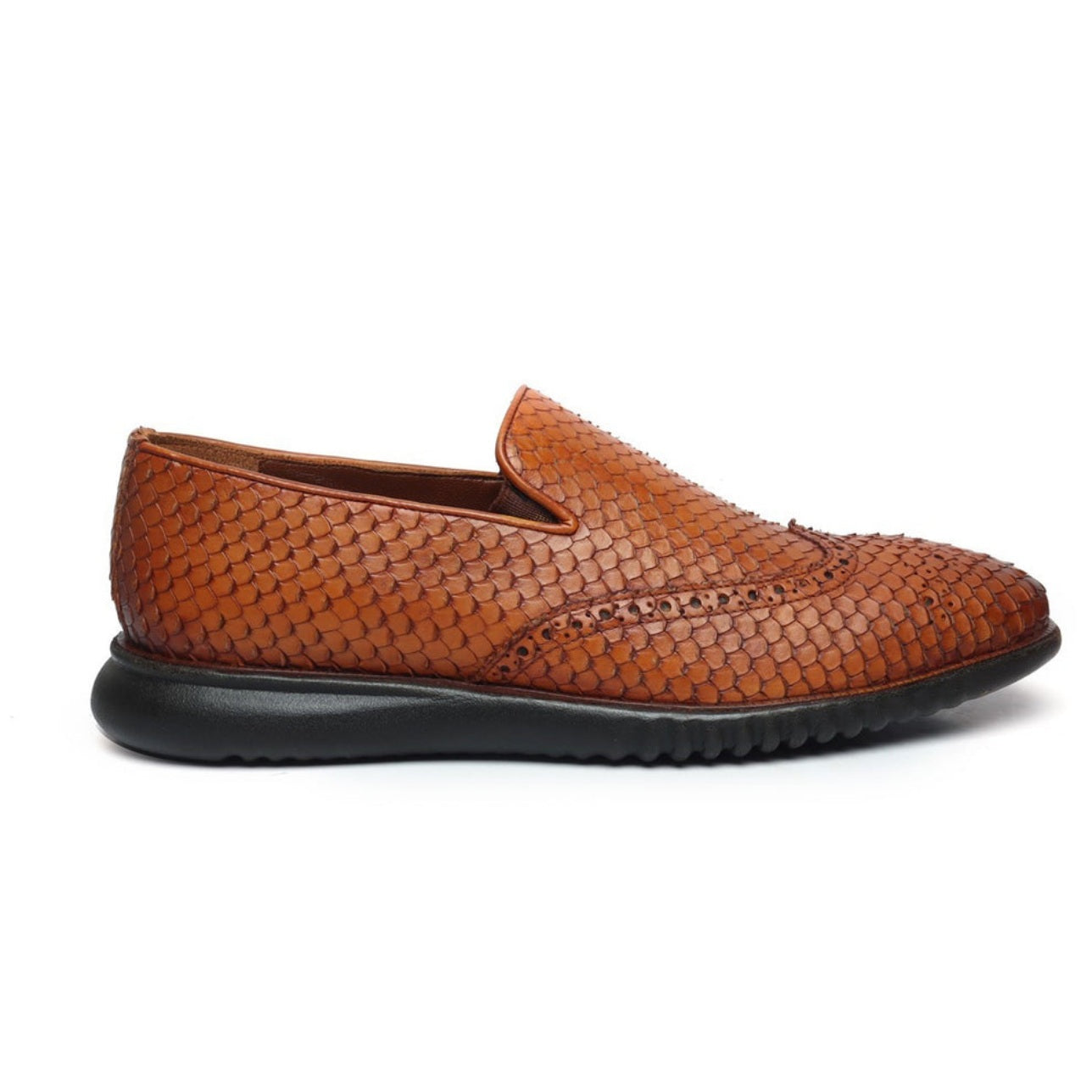 Handmade Tan Snake Skin Textured Burnished Leather Wingtip  Loafers