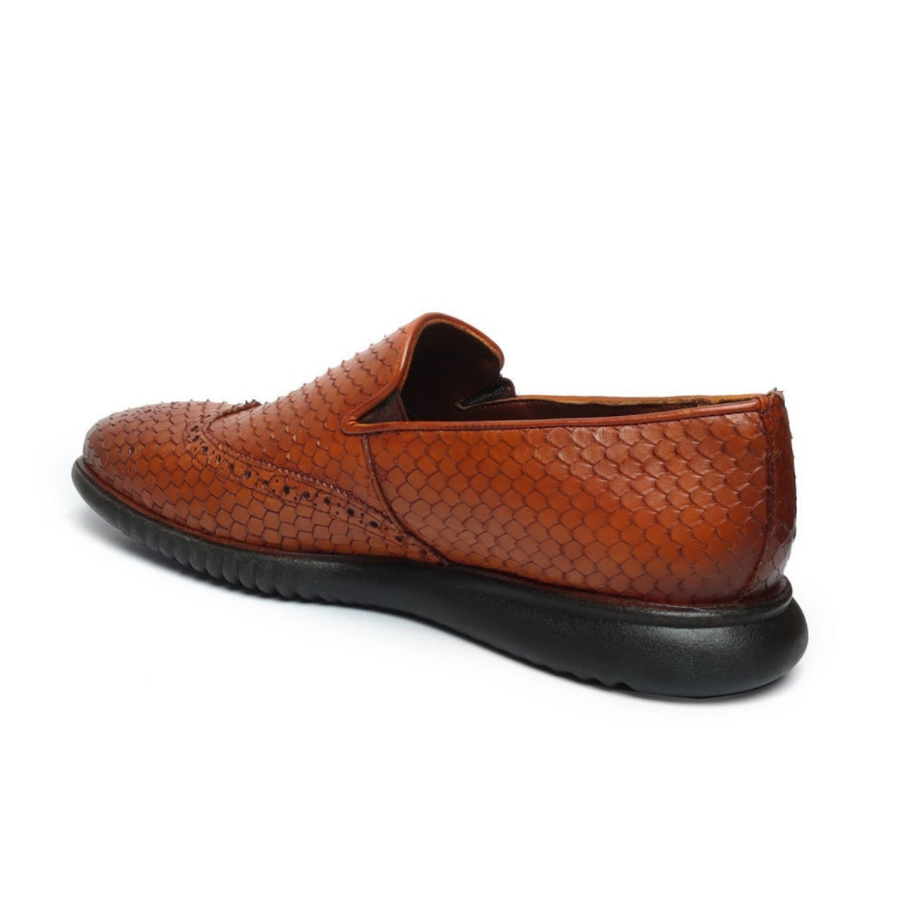 Handmade Tan Snake Skin Textured Burnished Leather Wingtip  Loafers