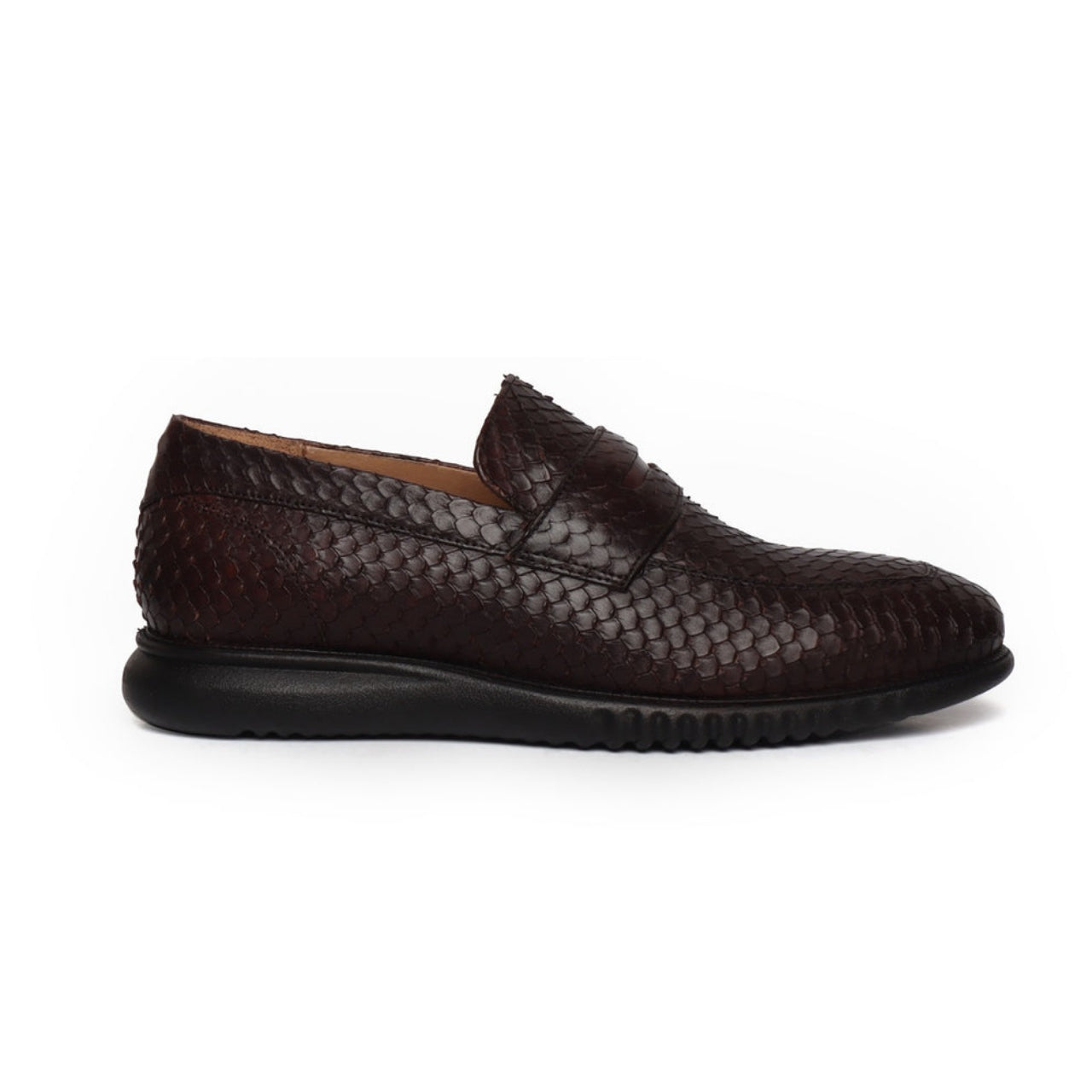 Handmade Brown Leather Loafer With Snake Skin Textured