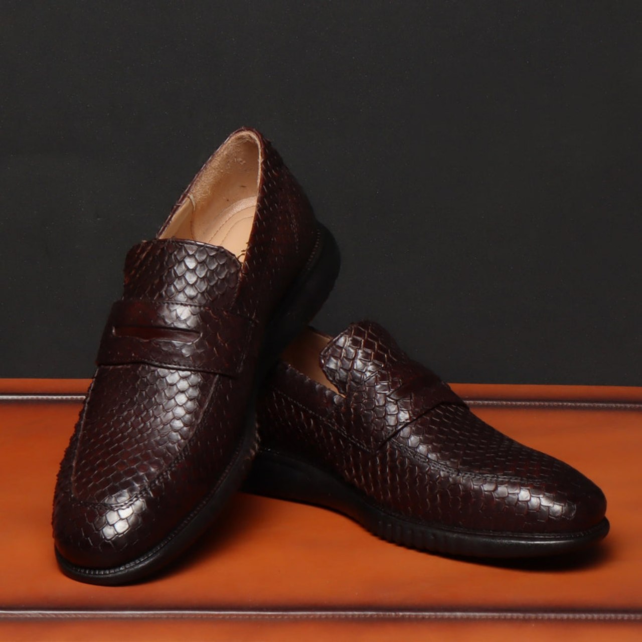 Handmade Brown Leather Loafer With Snake Skin Textured