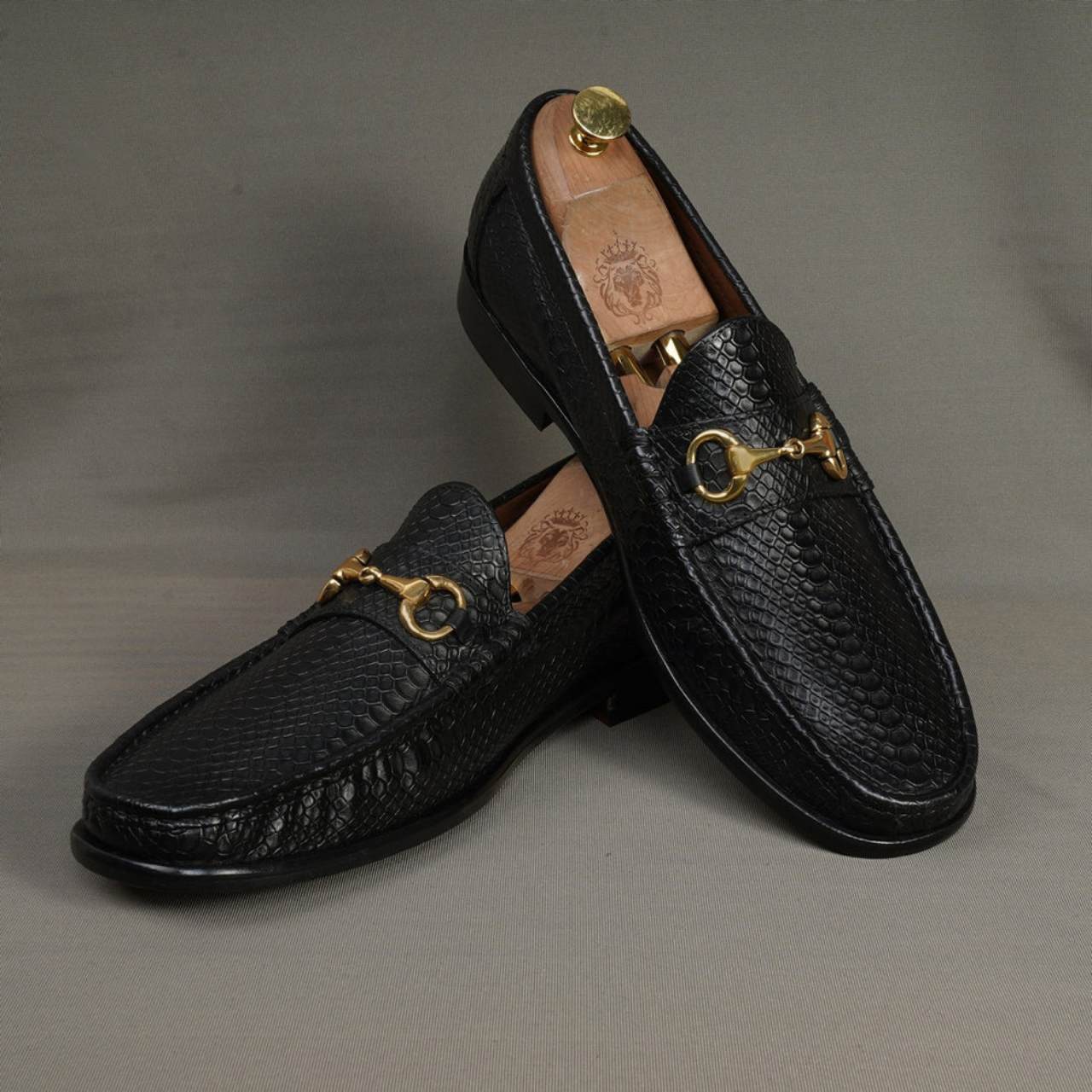 Handmade Snake Textured Black Leather Loafers