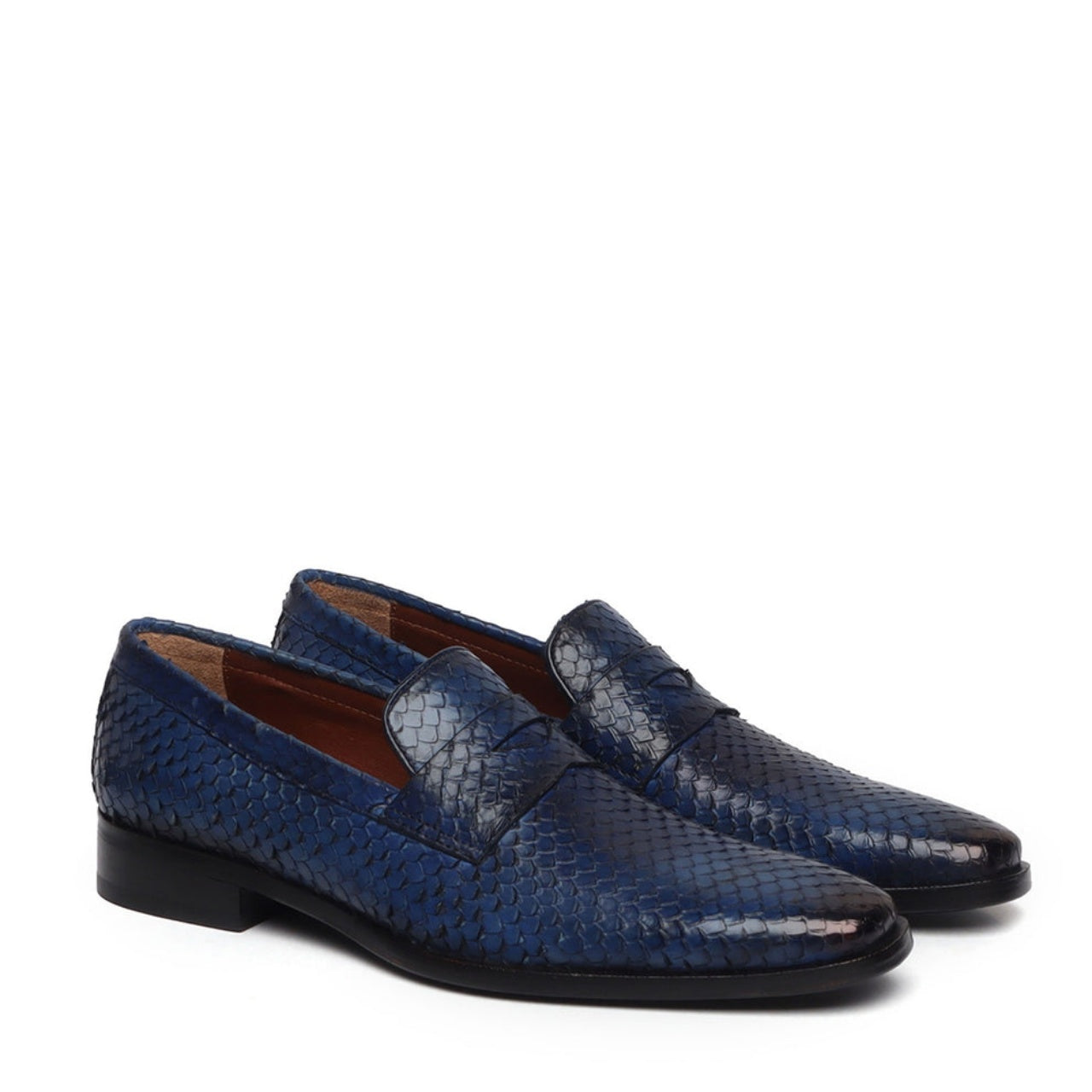 Handmade Snake Skin Textured Loafers In Blue Leather