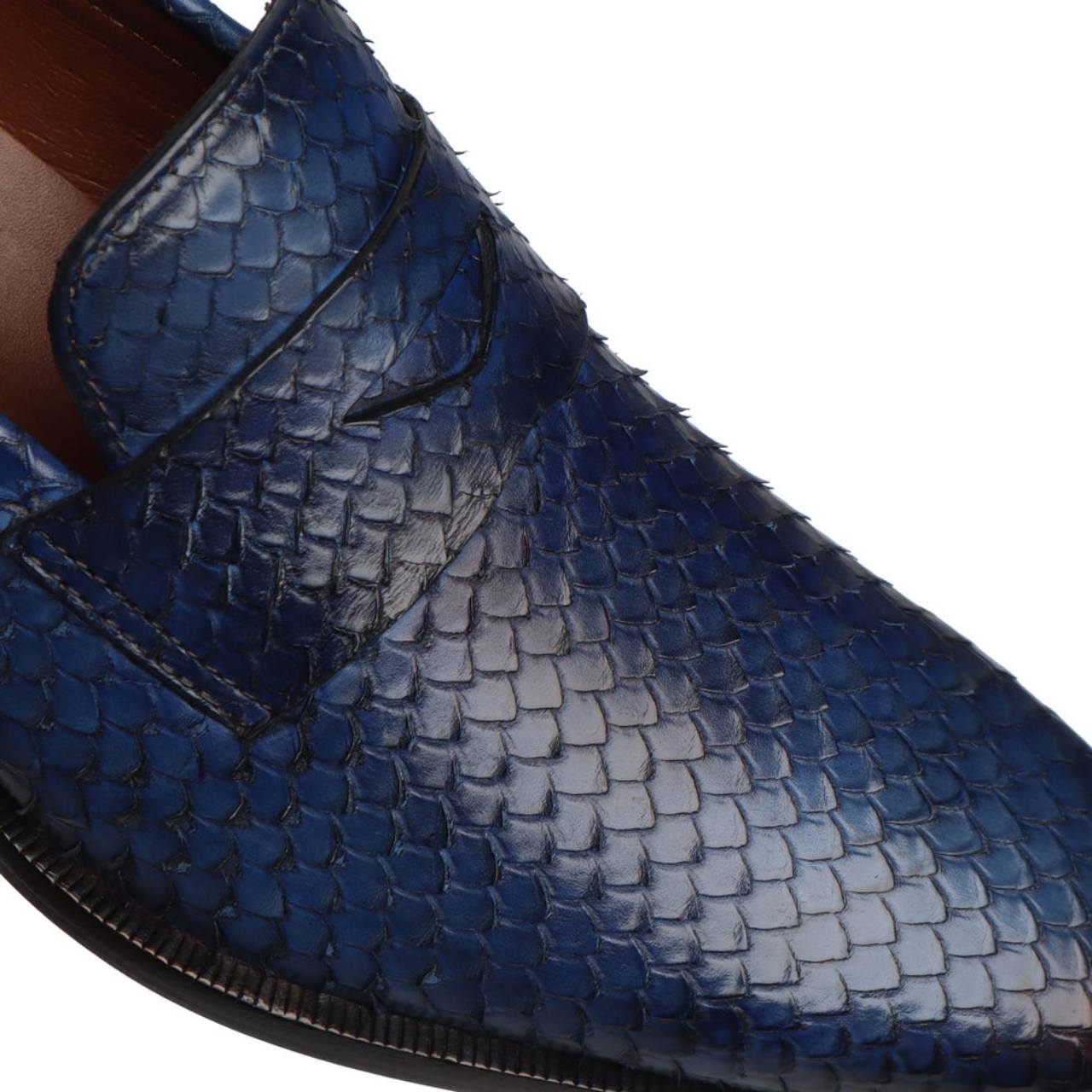 Handmade Snake Skin Textured Loafers In Blue Leather